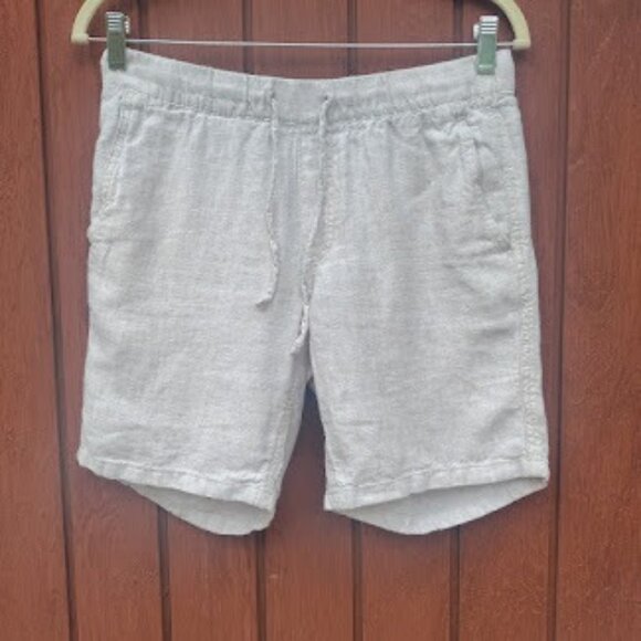 SAKS FIFTH AVENUE | 100% Linen Beige Khaki 7" Inseam Summer Resort Wear Shorts S - Picture 1 of 9